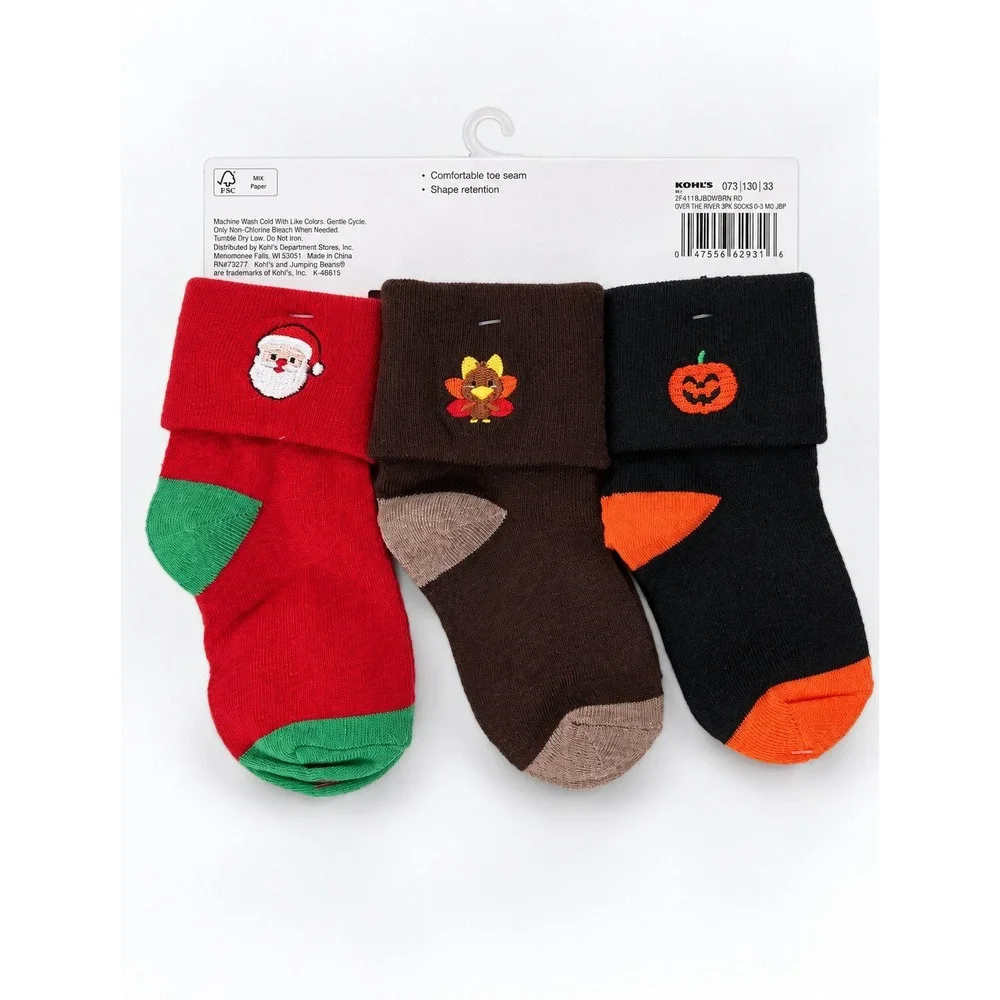 Jumping Beans 3-Pair Holiday Turn Cuff Socks 2T-4T Pumpkin Turkey Santa